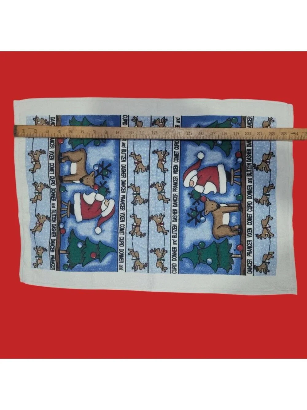 Vintage Christmas Kitchen Hand Towels Set of 2 Santa Reindeer Names Border Cotto